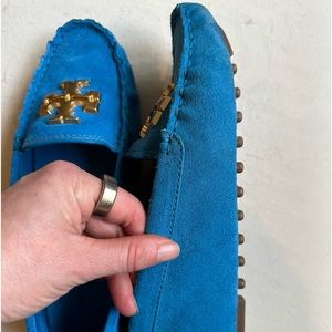 Tory Burch blue suede flats with gold emblem
